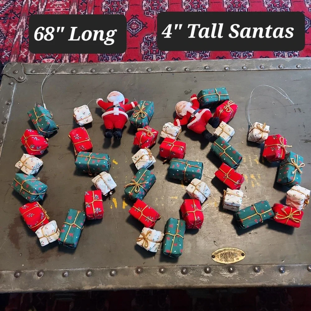 Vintage Christmas Garland 68 Inch Flocked Santa Claus Miniature Presents Kitsch